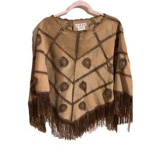 Newport News Vintage Genuine Leather Fringe Crochet Poncho Jacket Beige